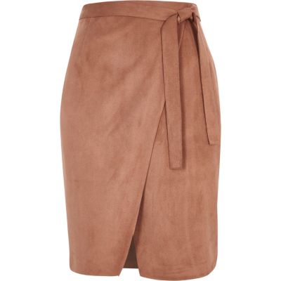Brown faux suede wrap skirt